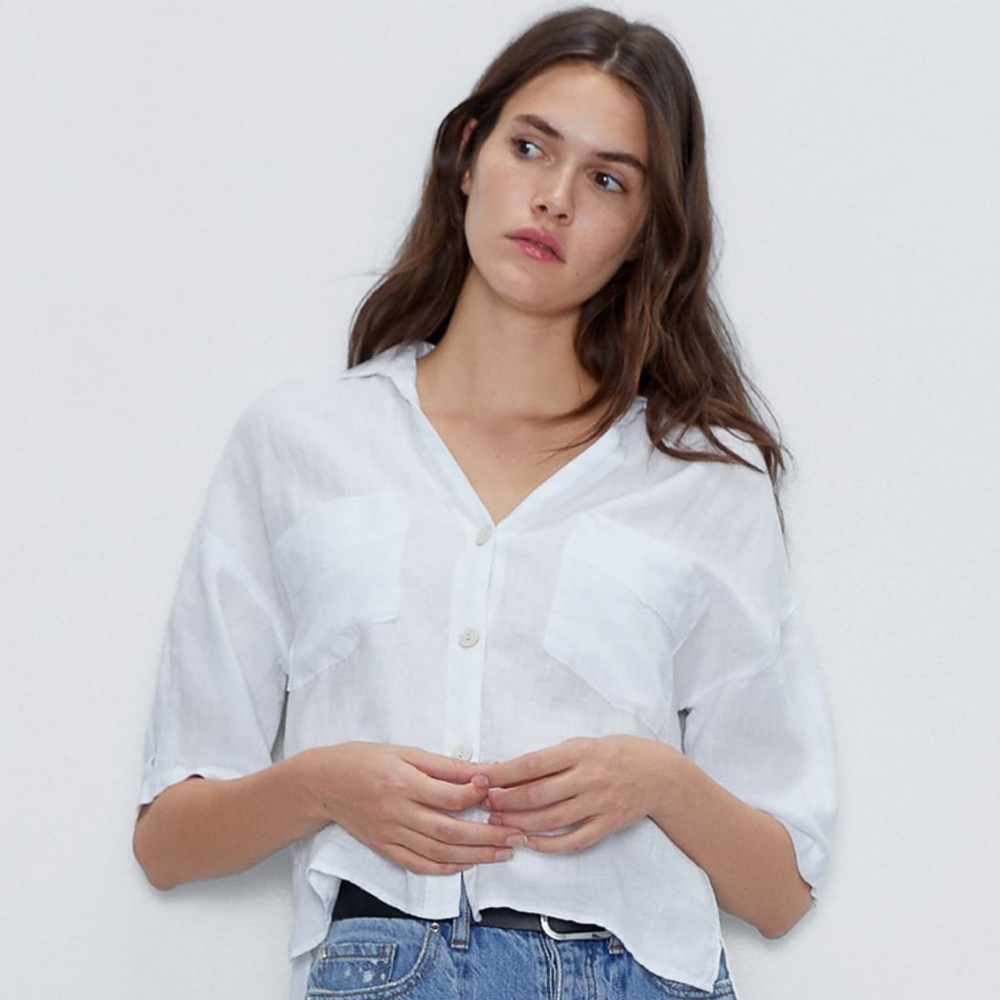 ZARA NWT White Linen Cropped Button Down